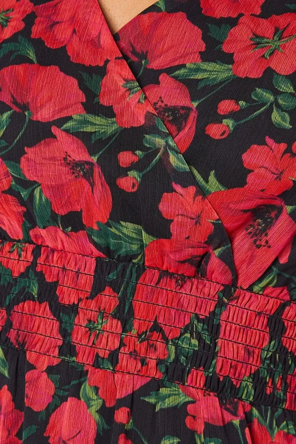 Petite Red Floral Chiffon Shirred Waist Long Sleeve Mini Dress