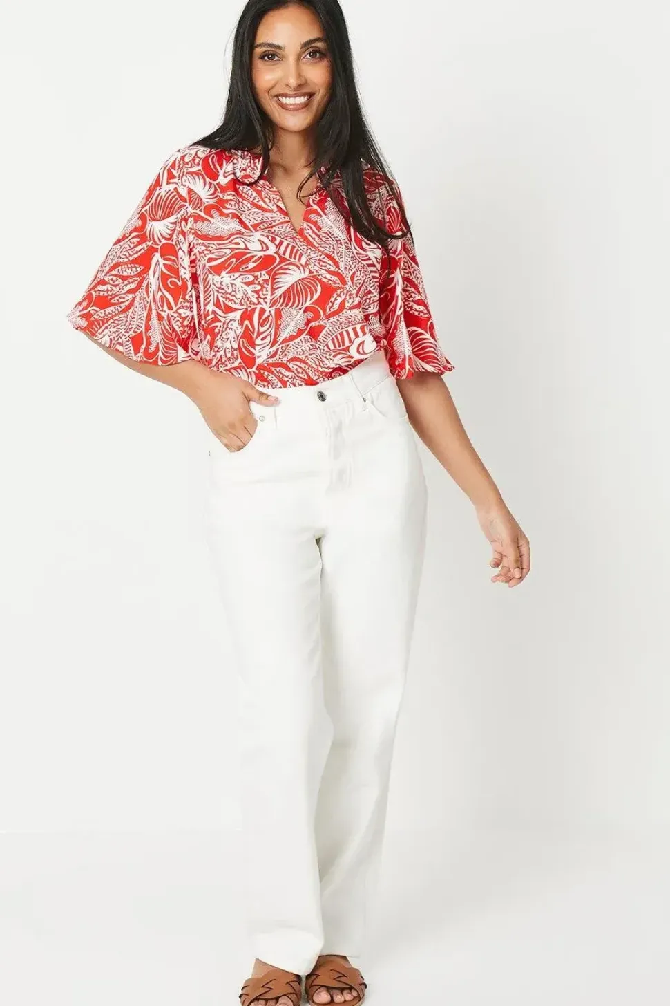 Petite Red Floral Flute Sleeve Blouse