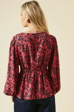 Petite Red Floral Long Sleeve Tea Blouse