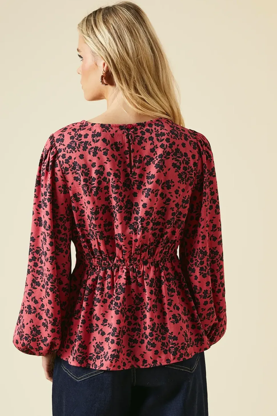 Petite Red Floral Long Sleeve Tea Blouse
