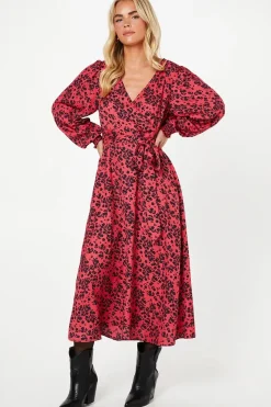 Petite Red Floral Long Sleeve Wrap Midi Dress