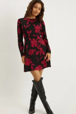 Petite Red Floral Puff Sleeve Fit And Flare Mini Dress