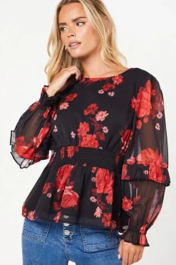 Petite Red Floral Ruffle Long Sleeve Chiffon Blouse