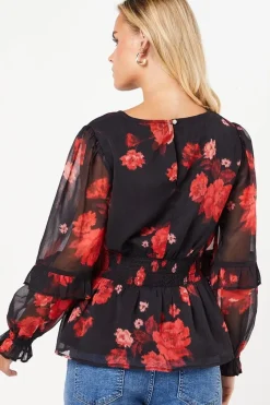 Petite Red Floral Ruffle Long Sleeve Chiffon Blouse