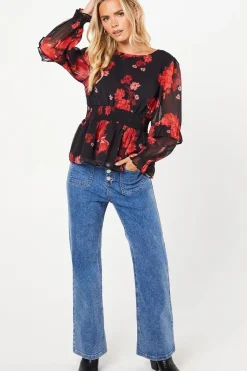 Petite Red Floral Ruffle Long Sleeve Chiffon Blouse