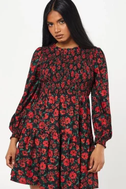 Petite Red Floral Shirred Bodice Mini Dress