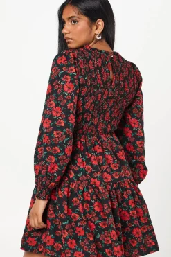 Petite Red Floral Shirred Bodice Mini Dress