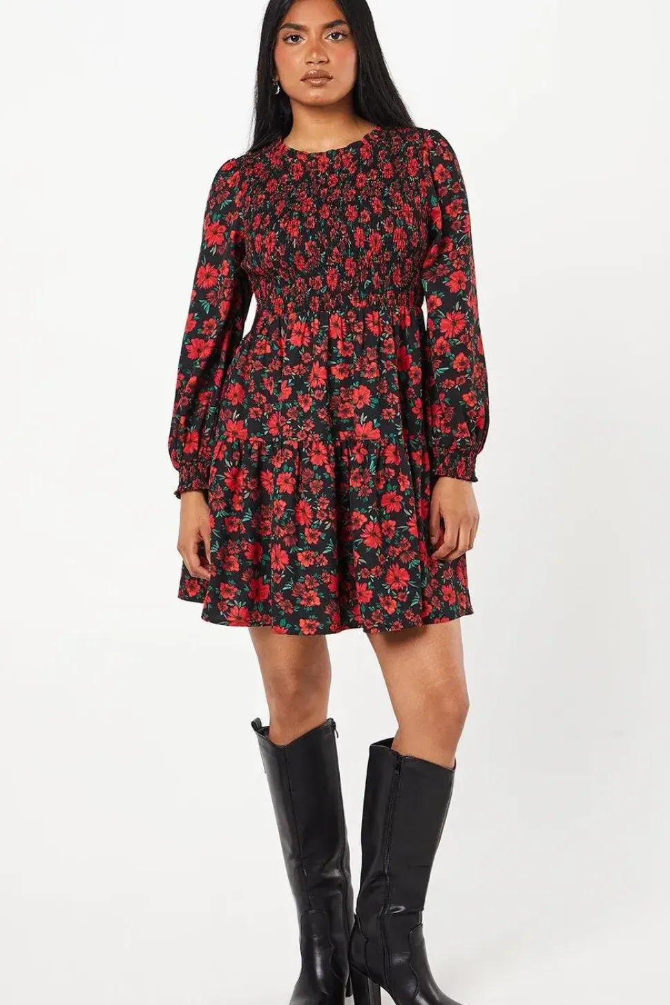 Petite Red Floral Shirred Bodice Mini Dress