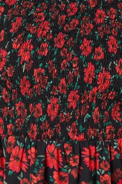 Petite Red Floral Shirred Bodice Mini Dress