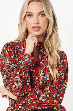 Petite Red Rose Ditsy Keyhole Blouse