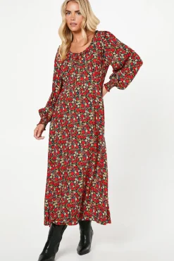 Petite Red Rose Ditsy Tie Front Shirred Cuff Midi Dress