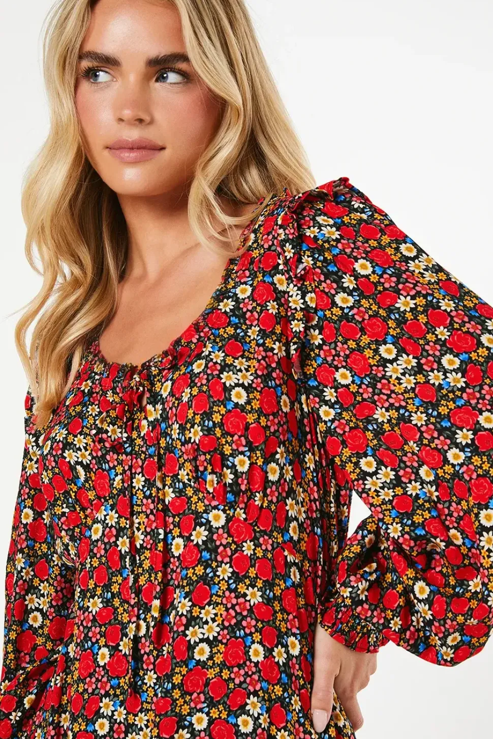 Petite Red Rose Ditsy Tie Front Shirred Cuff Midi Dress
