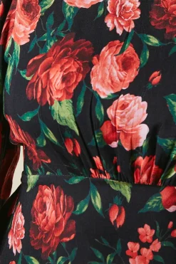 Petite Red Rose Shirred Cuff Midi Dress