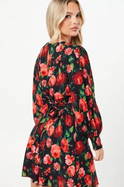 Petite Red Rose Shirred Cuff Mini Dress