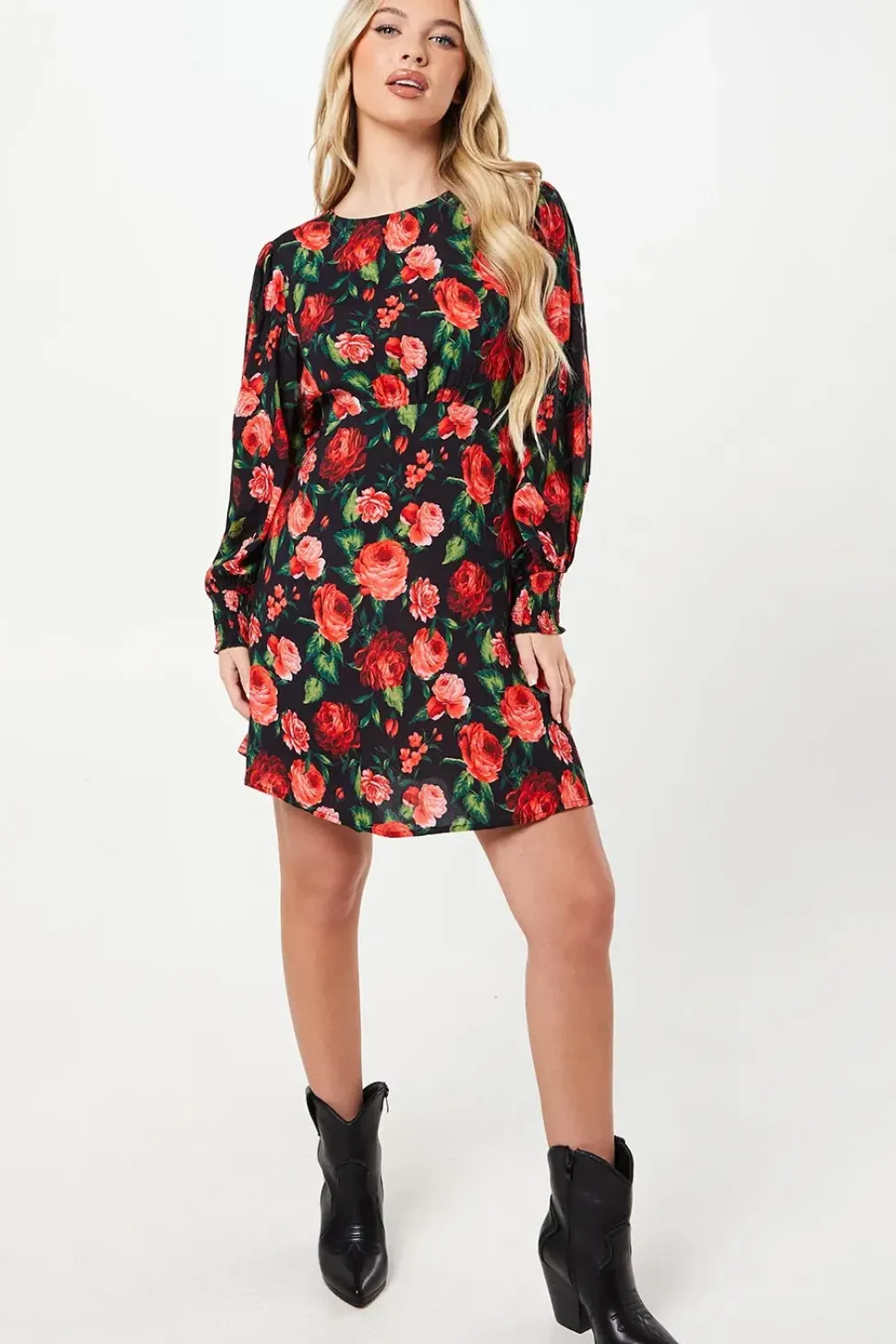 Petite Red Rose Shirred Cuff Mini Dress