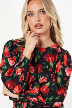 Petite Red Rose Shirred Hem Long Sleeve Blouse