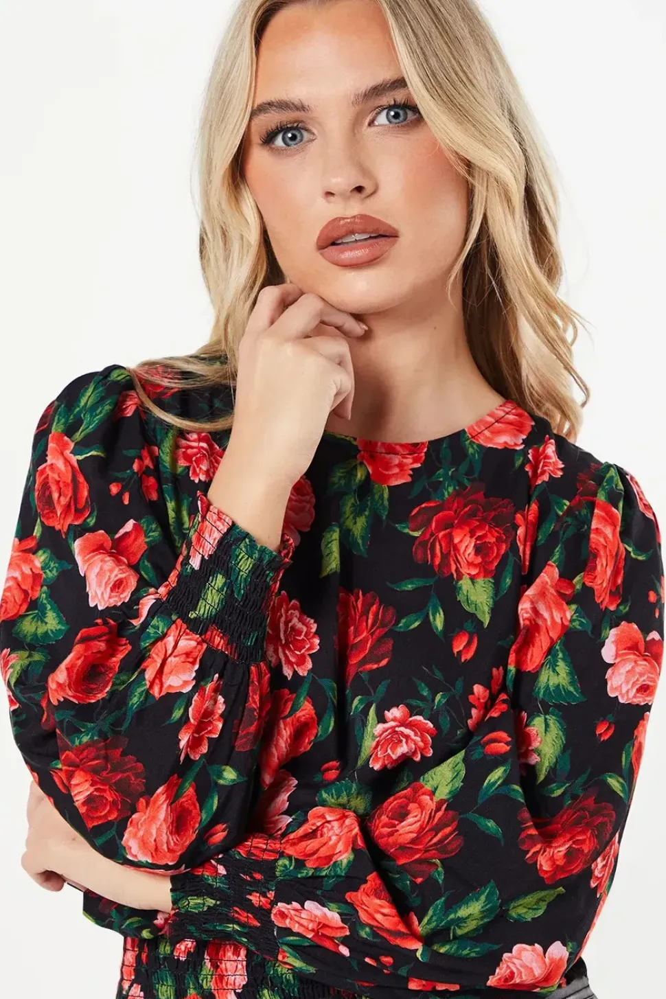 Petite Red Rose Shirred Hem Long Sleeve Blouse