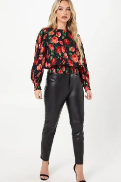 Petite Red Rose Shirred Hem Long Sleeve Blouse