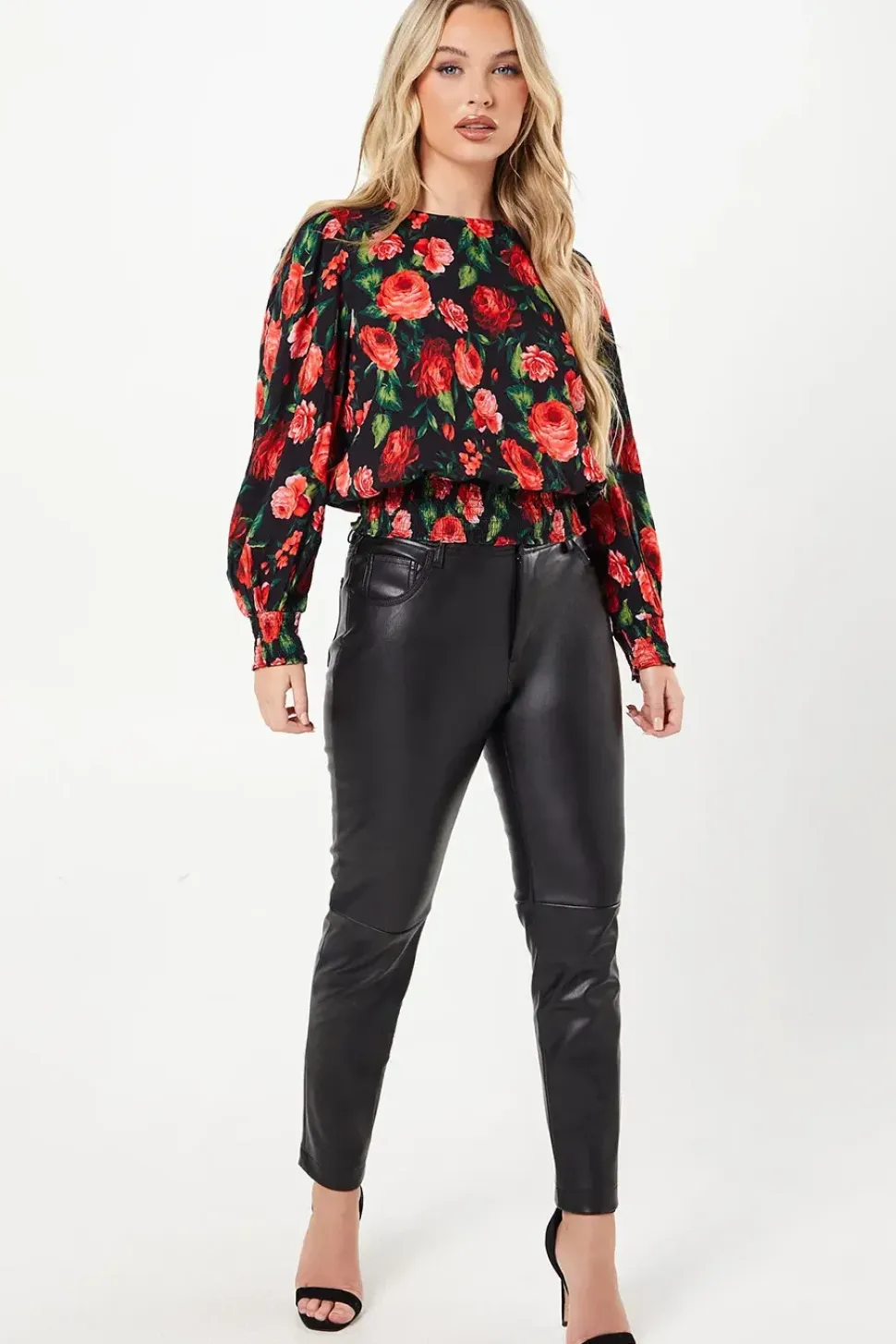 Petite Red Rose Shirred Hem Long Sleeve Blouse