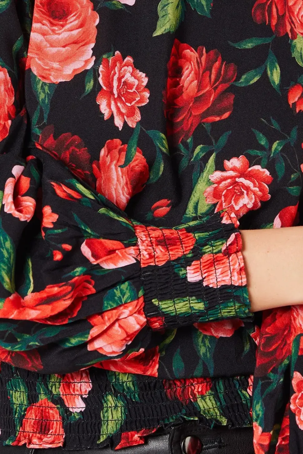 Petite Red Rose Shirred Hem Long Sleeve Blouse