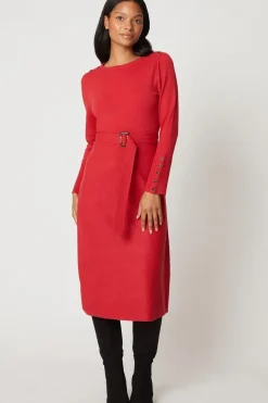 Petite Red Slash Neck Belted Knitted Dress