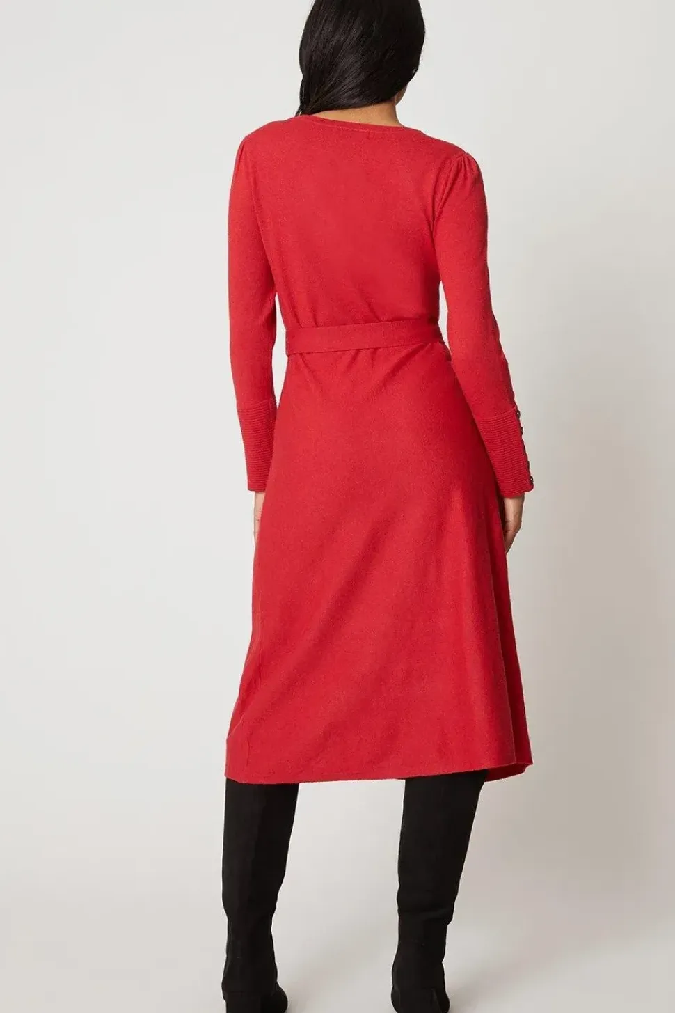 Petite Red Slash Neck Belted Knitted Dress