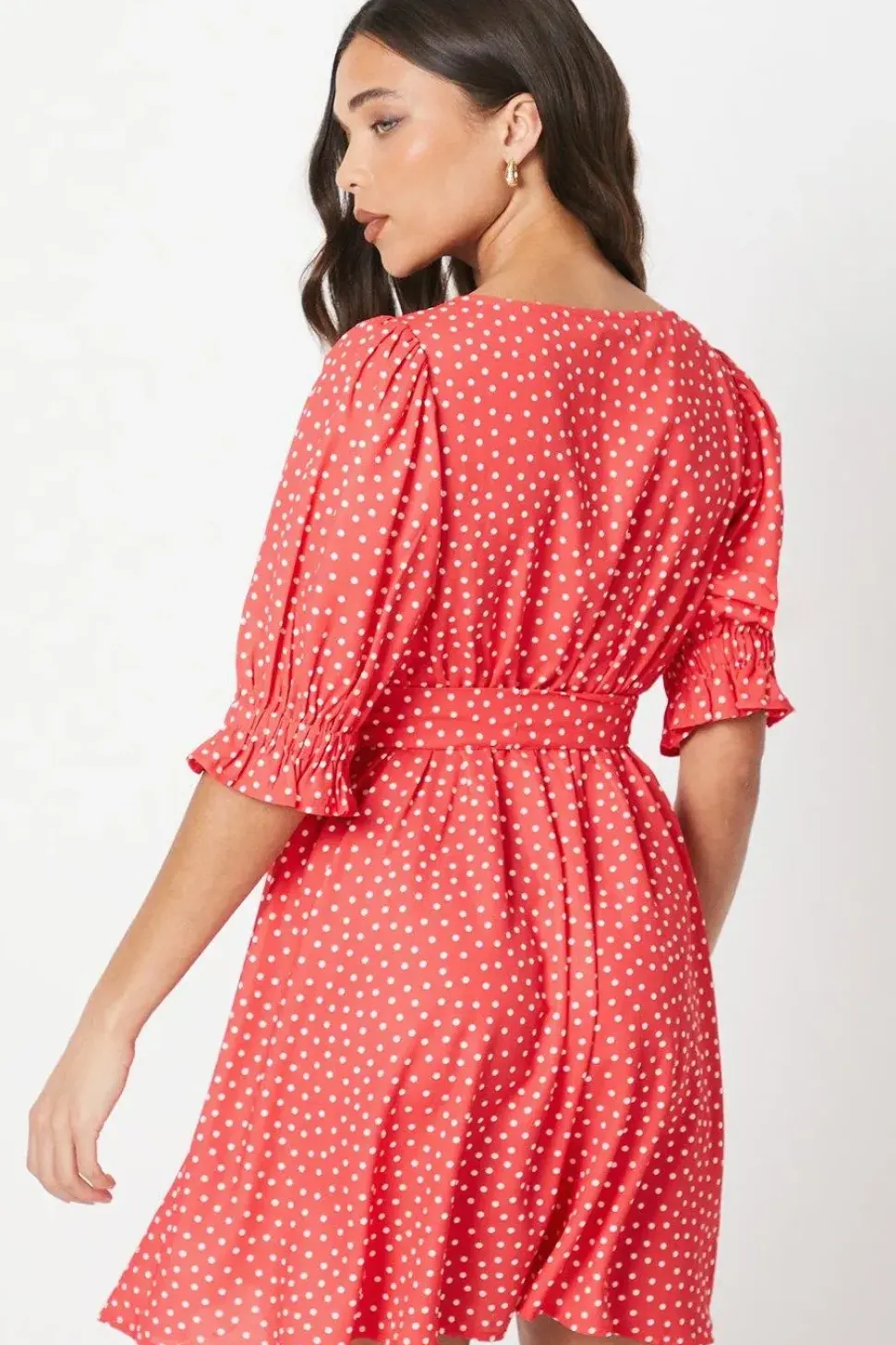 Petite Red Spot Sweetheart Neckline Puff Sleeve Mini Dress