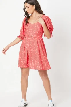 Petite Red Spot Sweetheart Neckline Puff Sleeve Mini Dress