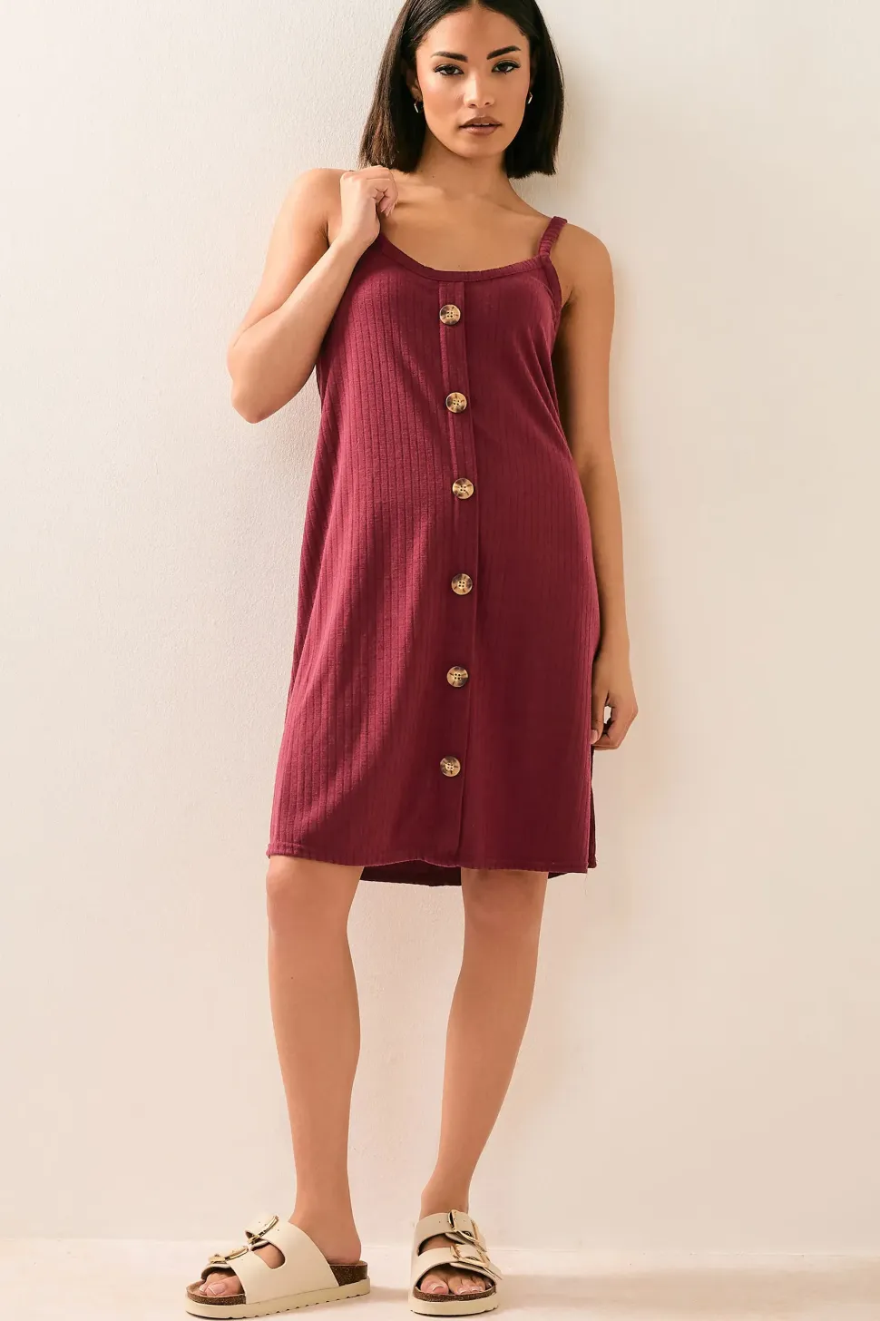 Petite Ribbed Button Mini Dress