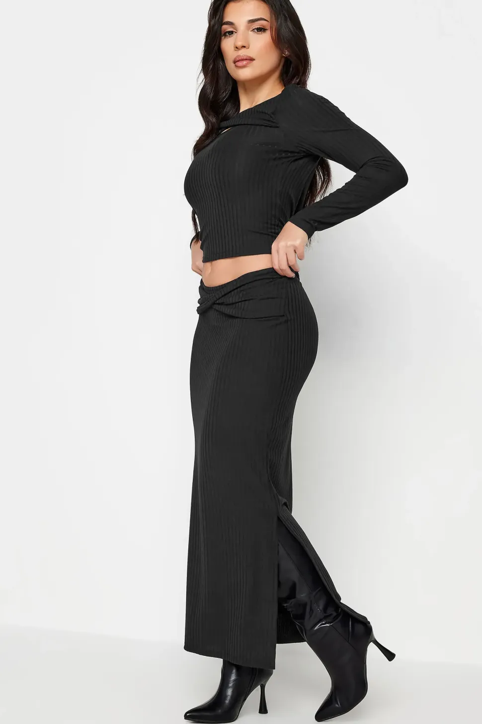Petite Ribbed Twist Front Skirt