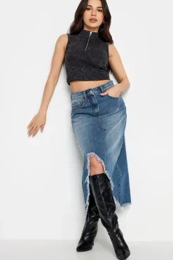 Petite Ripped Hem Midi Skirt