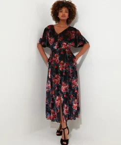 Petite Rose Floral Tie Waist Velour V-Neck Dress