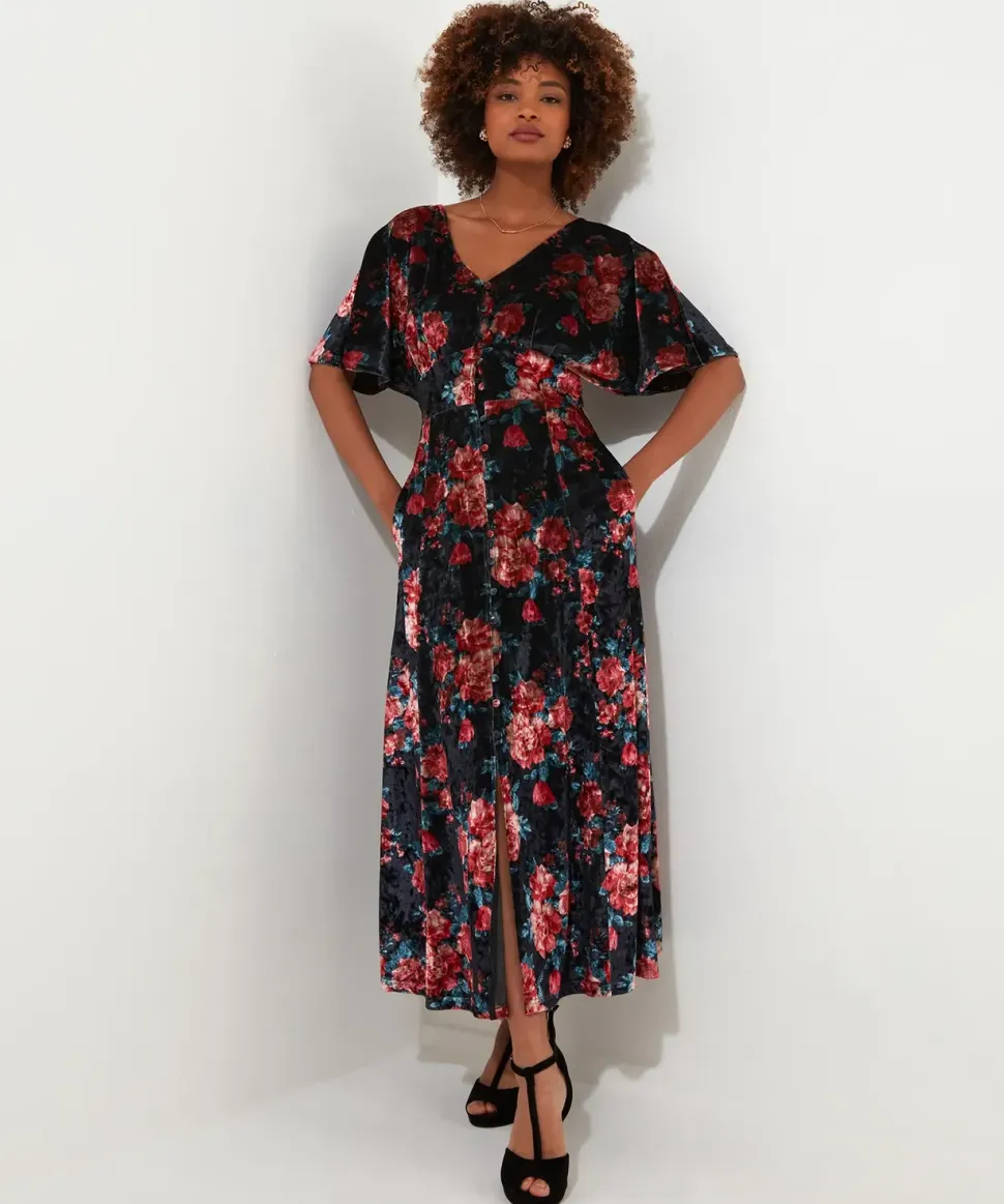 Petite Rose Floral Tie Waist Velour V-Neck Dress