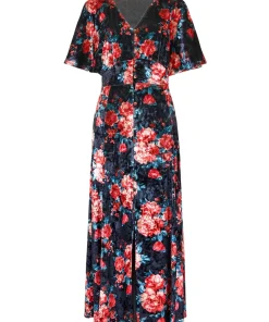 Petite Rose Floral Tie Waist Velour V-Neck Dress
