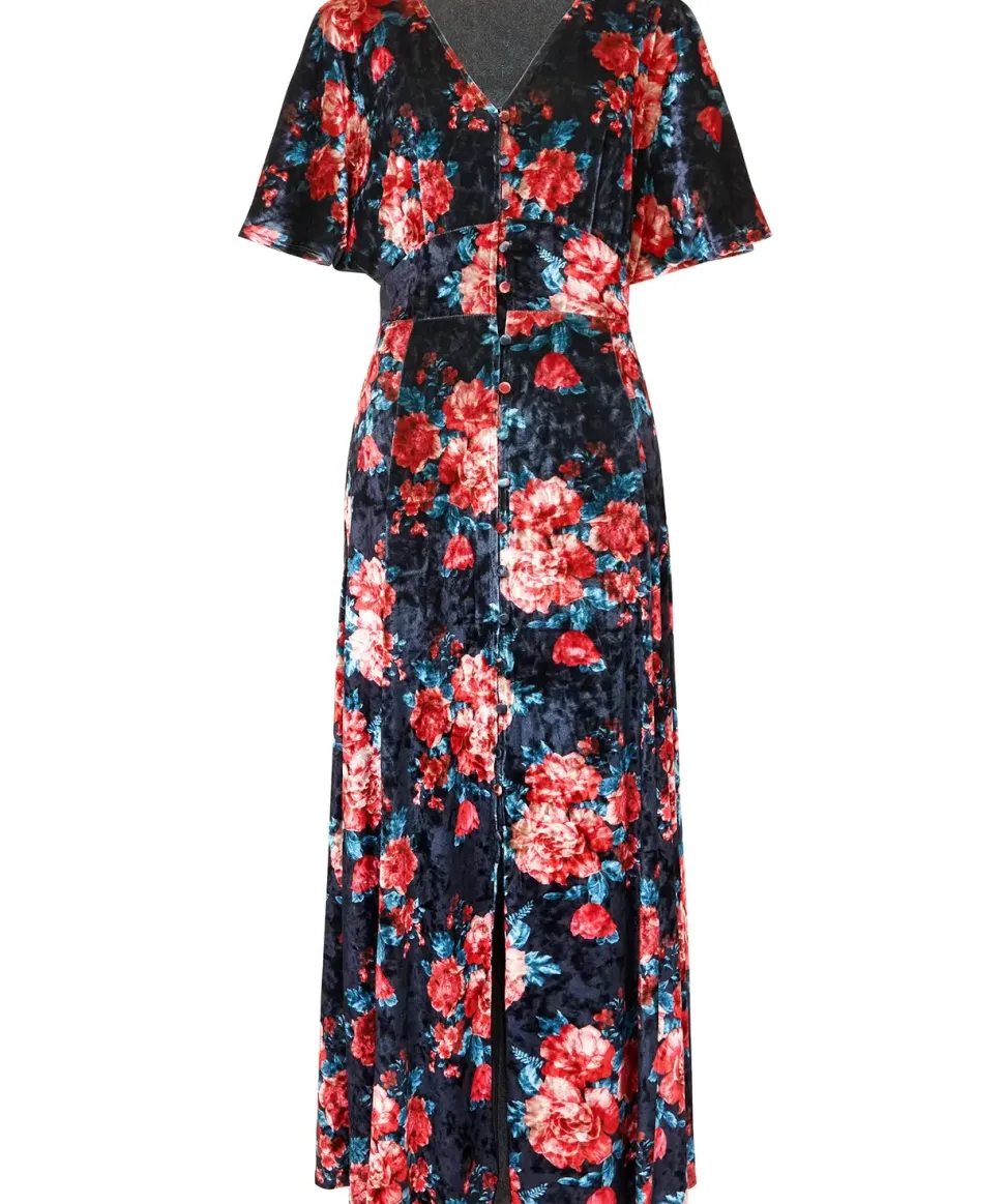 Petite Rose Floral Tie Waist Velour V-Neck Dress
