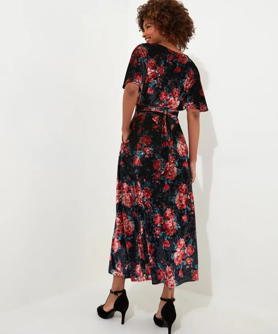 Petite Rose Floral Tie Waist Velour V-Neck Dress