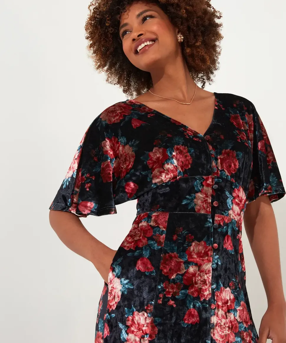 Petite Rose Floral Tie Waist Velour V-Neck Dress