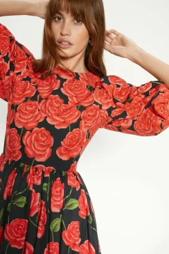 Petite Rose Placement Puff Sleeve Midi Dress