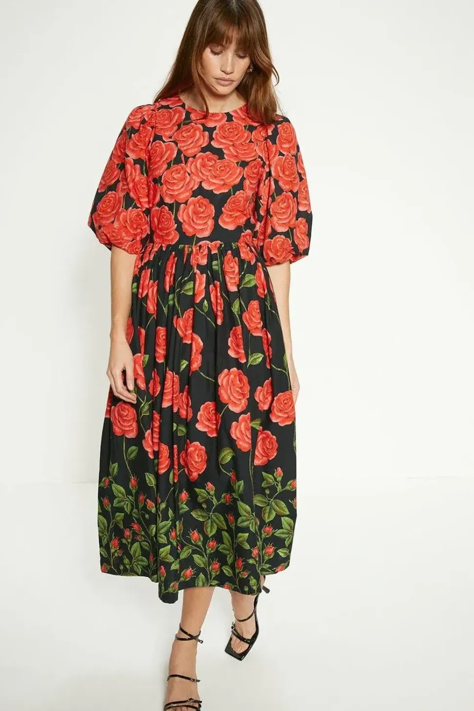 Petite Rose Placement Puff Sleeve Midi Dress