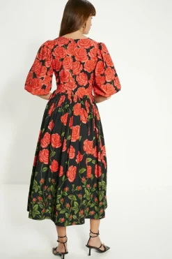 Petite Rose Placement Puff Sleeve Midi Dress