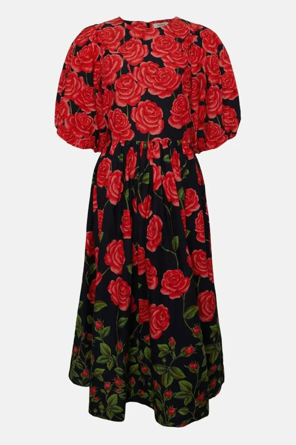 Petite Rose Placement Puff Sleeve Midi Dress