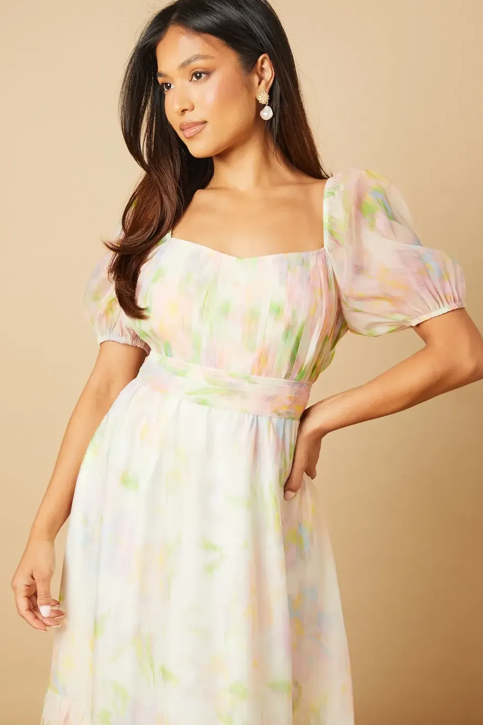 Petite Ruched Bust Organza Tiered Midi Dress