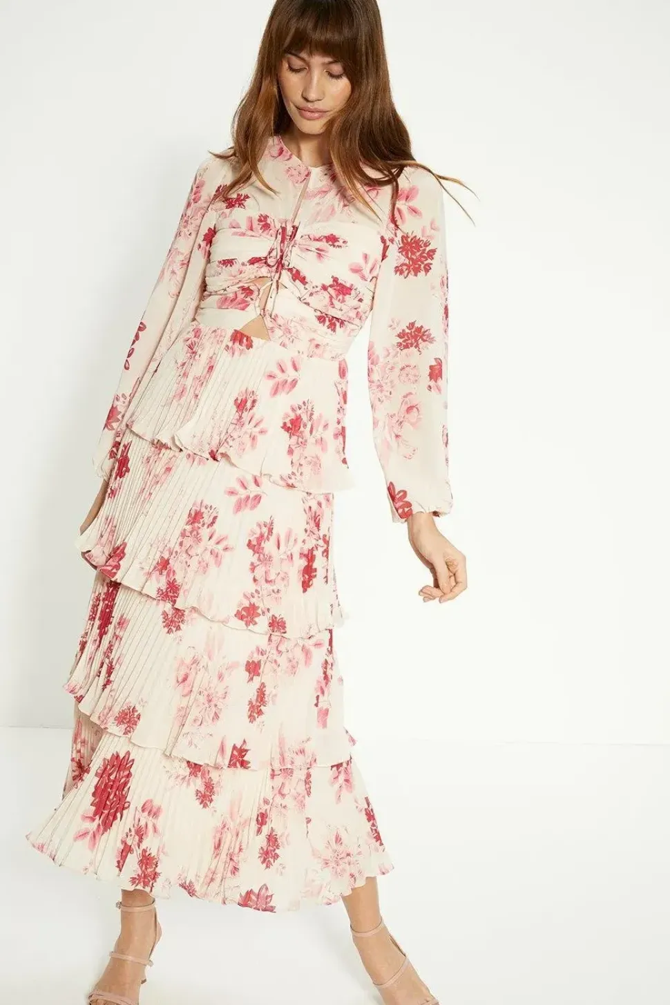 Petite Ruched Pleated Tiered Floral Midi Dress