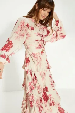 Petite Ruched Pleated Tiered Floral Midi Dress