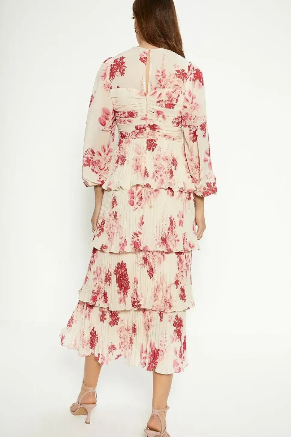 Petite Ruched Pleated Tiered Floral Midi Dress