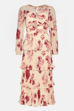 Petite Ruched Pleated Tiered Floral Midi Dress