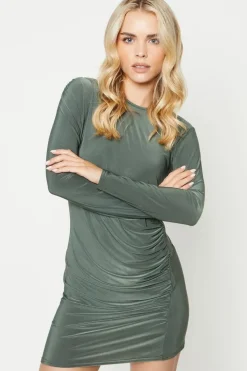 Petite Ruche Side Long Sleeve Mini Dress