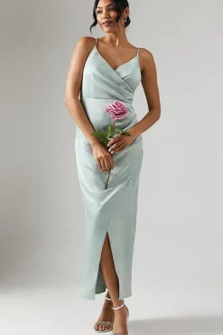 Petite Ruche Side Strappy Satin Maxi Bridesmaid Dress