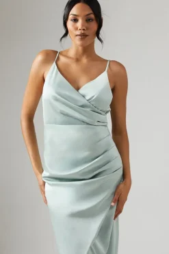 Petite Ruche Side Strappy Satin Maxi Bridesmaid Dress
