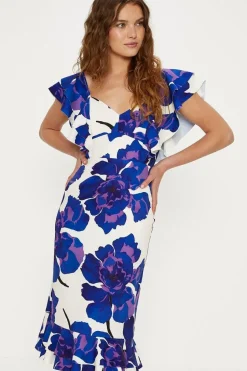 Petite Ruffle Detail Floral Crepe Midi Dress